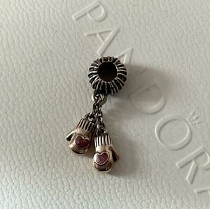 Pandora Silver Double Dangle Mitten Charm with Red Hearts